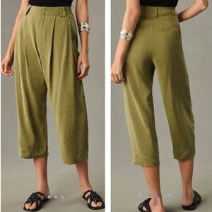 Anthropologie olive green cropped pleated wide-leg pants 6